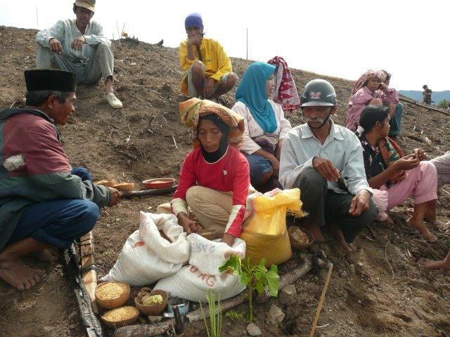 スラウェシ島のT村、焼畑での種まき。畑の中央に依り代のような囲いがつくられ、そこから播種する種が配られる。